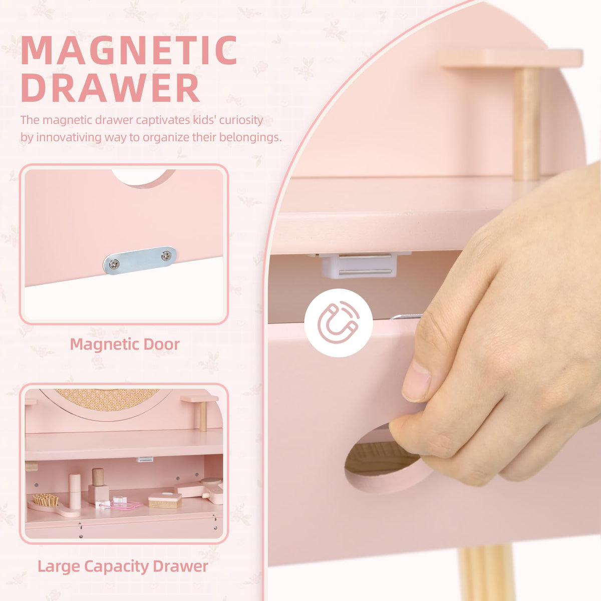 OOOK vanity mirror area for pretend makeup, encourages concentration and fine motor practice