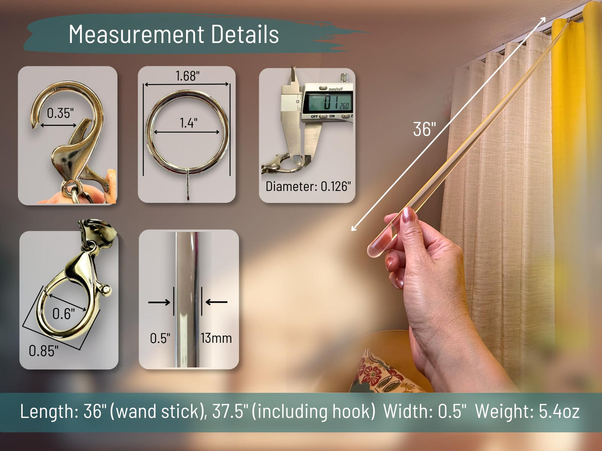OooWow curtain wand with lobster hook for simple setup.