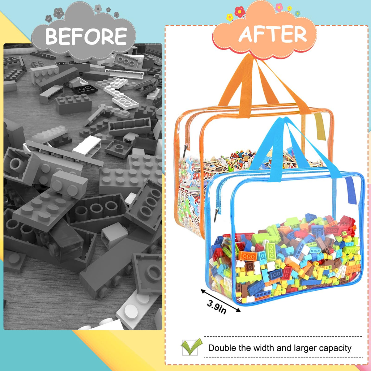 OPELETNNT large-capacity bags fit Lego bricks and puzzles for tidy storage.