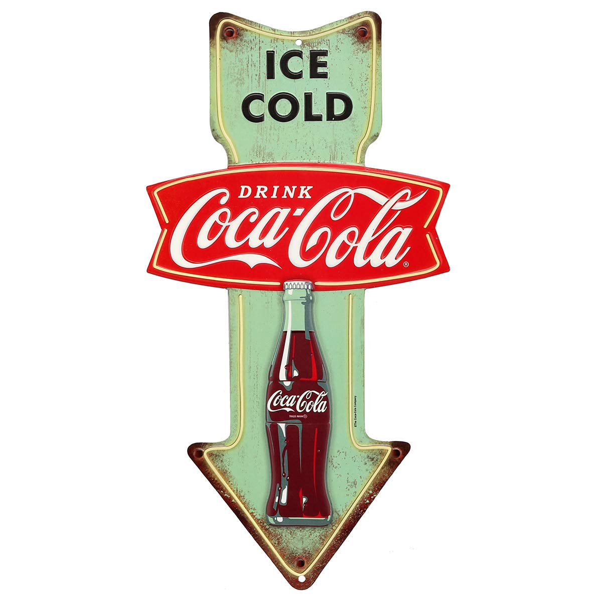 Open Road Brands Coca-Cola ice cold arrow embossed sign for retro kitchen decor.
