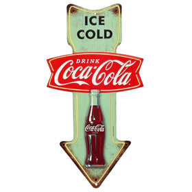 Open Road Brands Coca-Cola ice cold arrow embossed sign for retro kitchen decor.