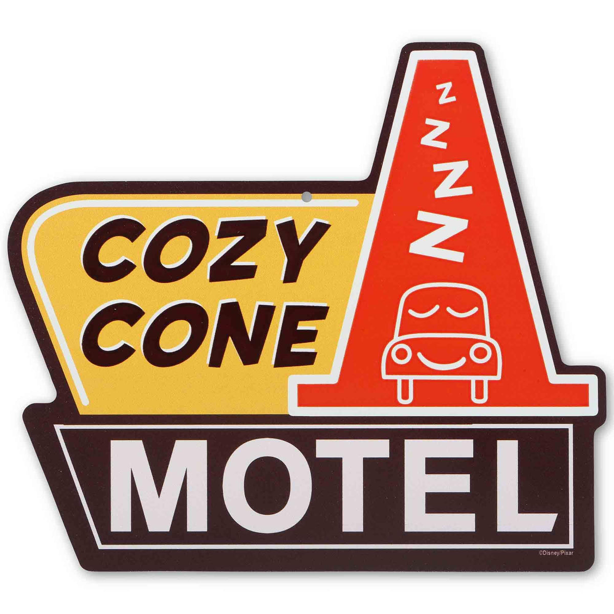 Open Road Brands Disney Pixar Cars Cozy Cone Motel wall sign in bright colors for kid's room decor.