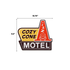 Open Road Brands wall-mount-ready Cozy Cone Motel sign with pre-drilled holes for easy installation.