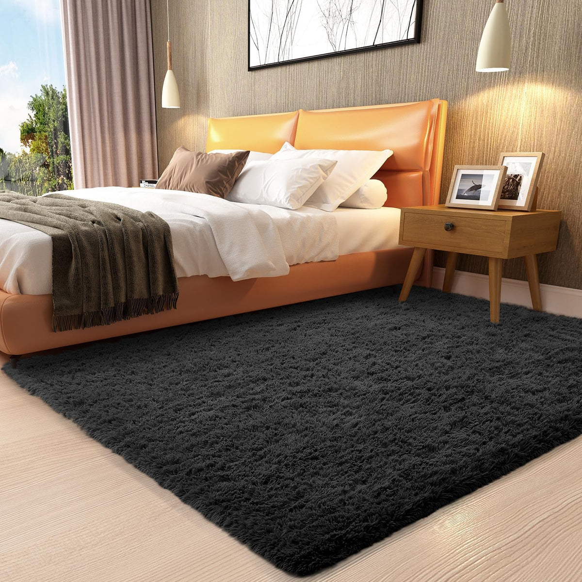 Ophanie 3x5 black rug in dorm room with cozy plush texture for student comfort