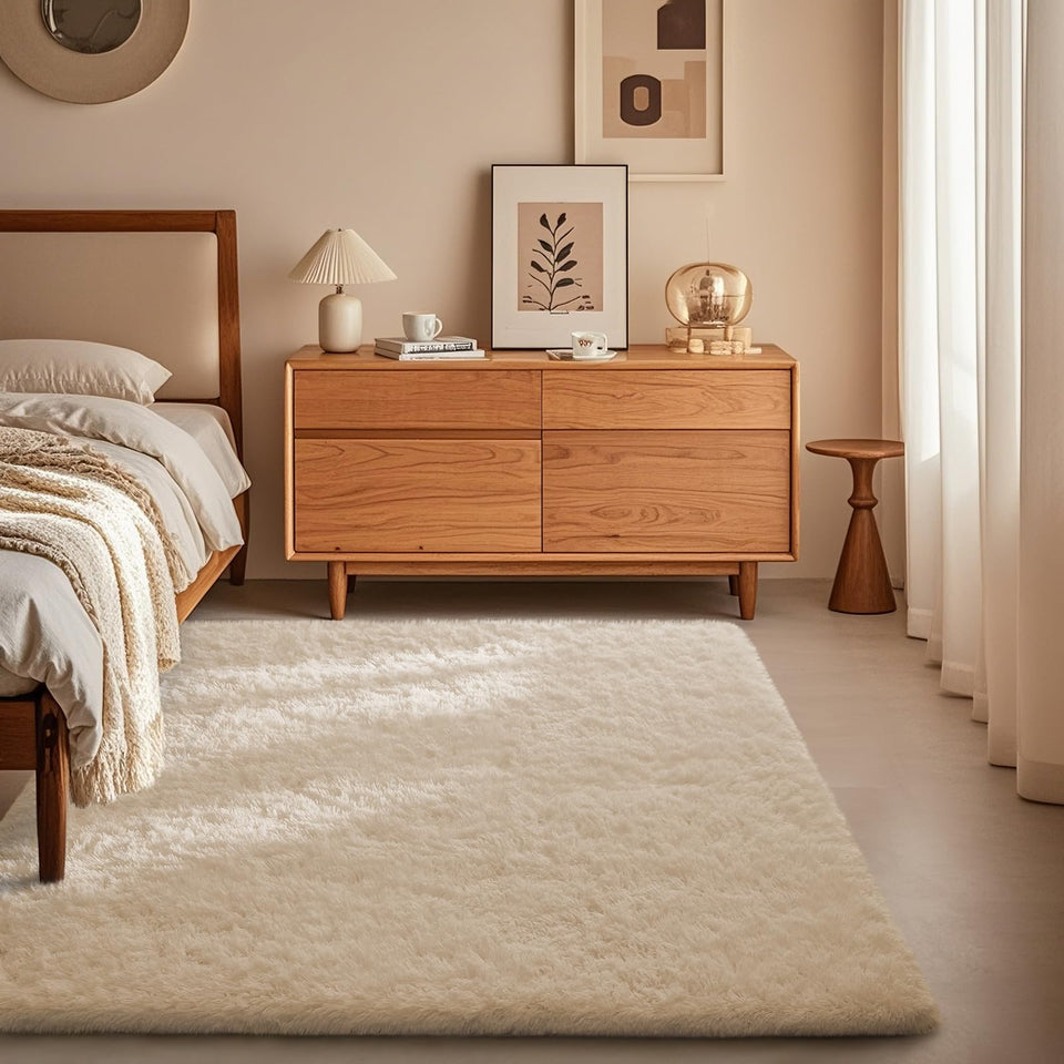 Ophanie 3x5 ivory rug provides cozy bedside warmth for dorm rooms.