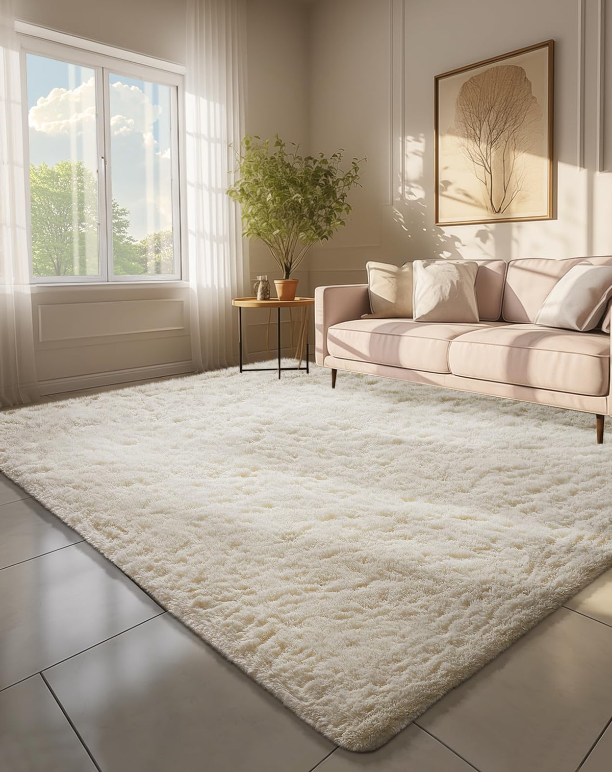 Ophanie 6x9 area rug with soft shag ivory, ideal for cozy spaces and barefoot comfort.