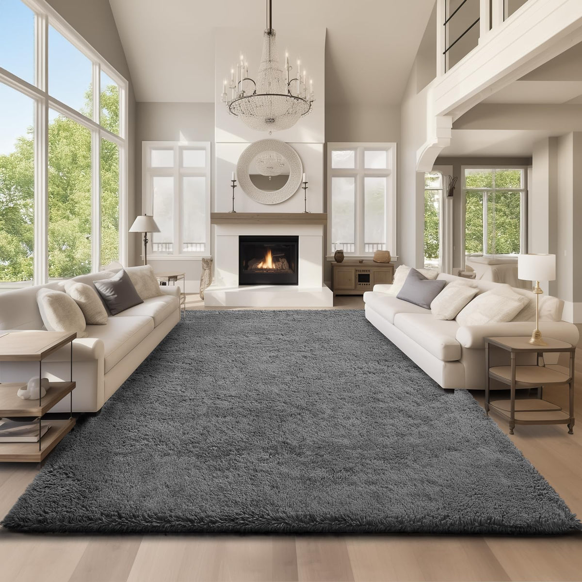 Ophanie area rug 9x12 grey shag in living room for cozy cushioning and style.