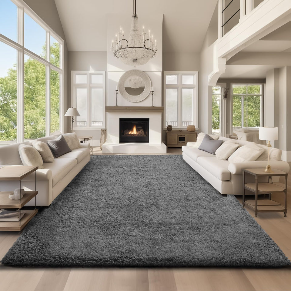 Ophanie area rug 9x12 grey shag in living room for cozy cushioning and style.