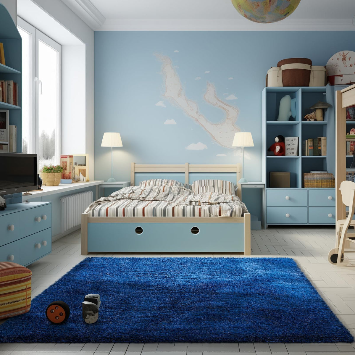Ophanie blue rug in a bedroom setup, cozy and non-slip for safe play.