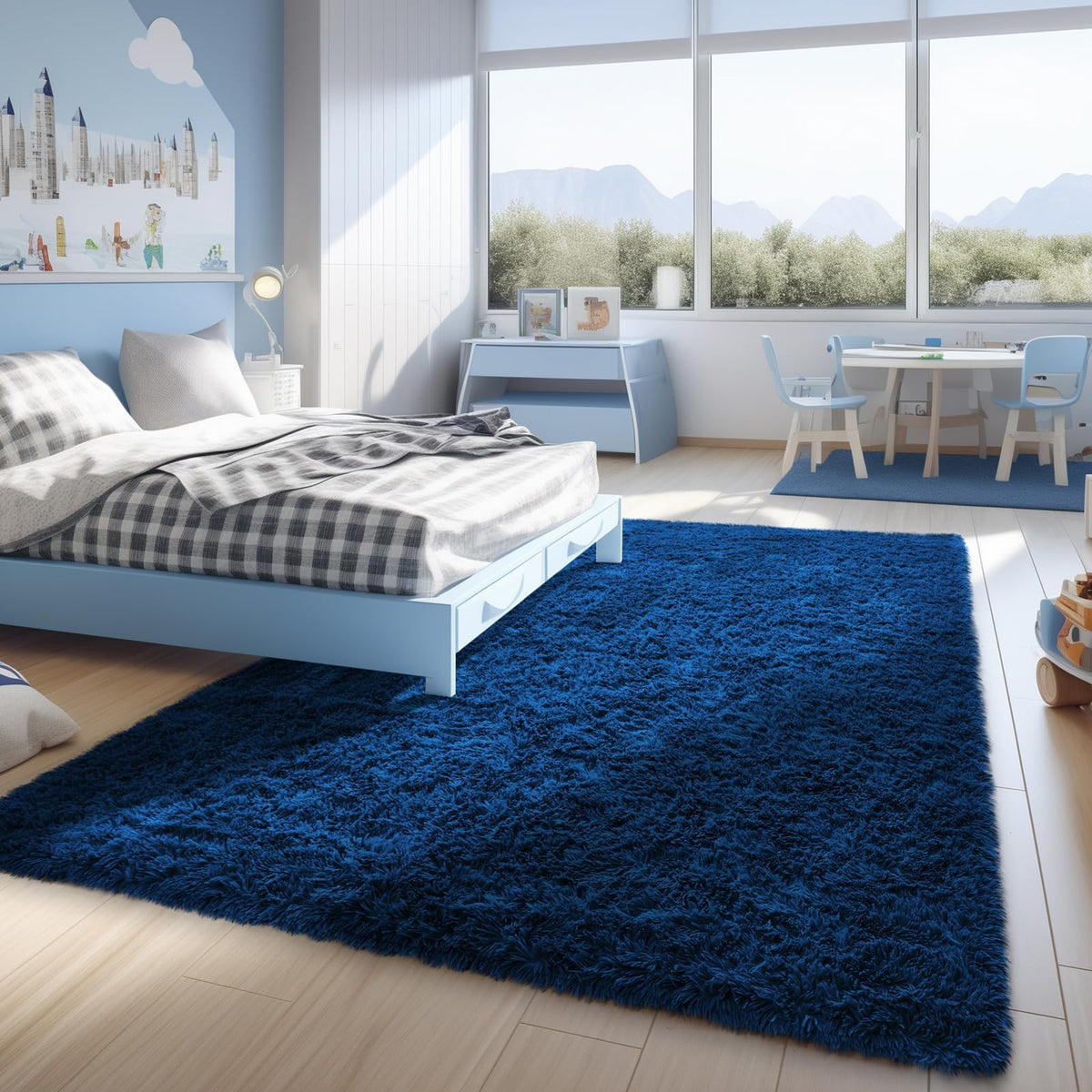 Ophanie blue rug teen room cozy vibe with easy layering.