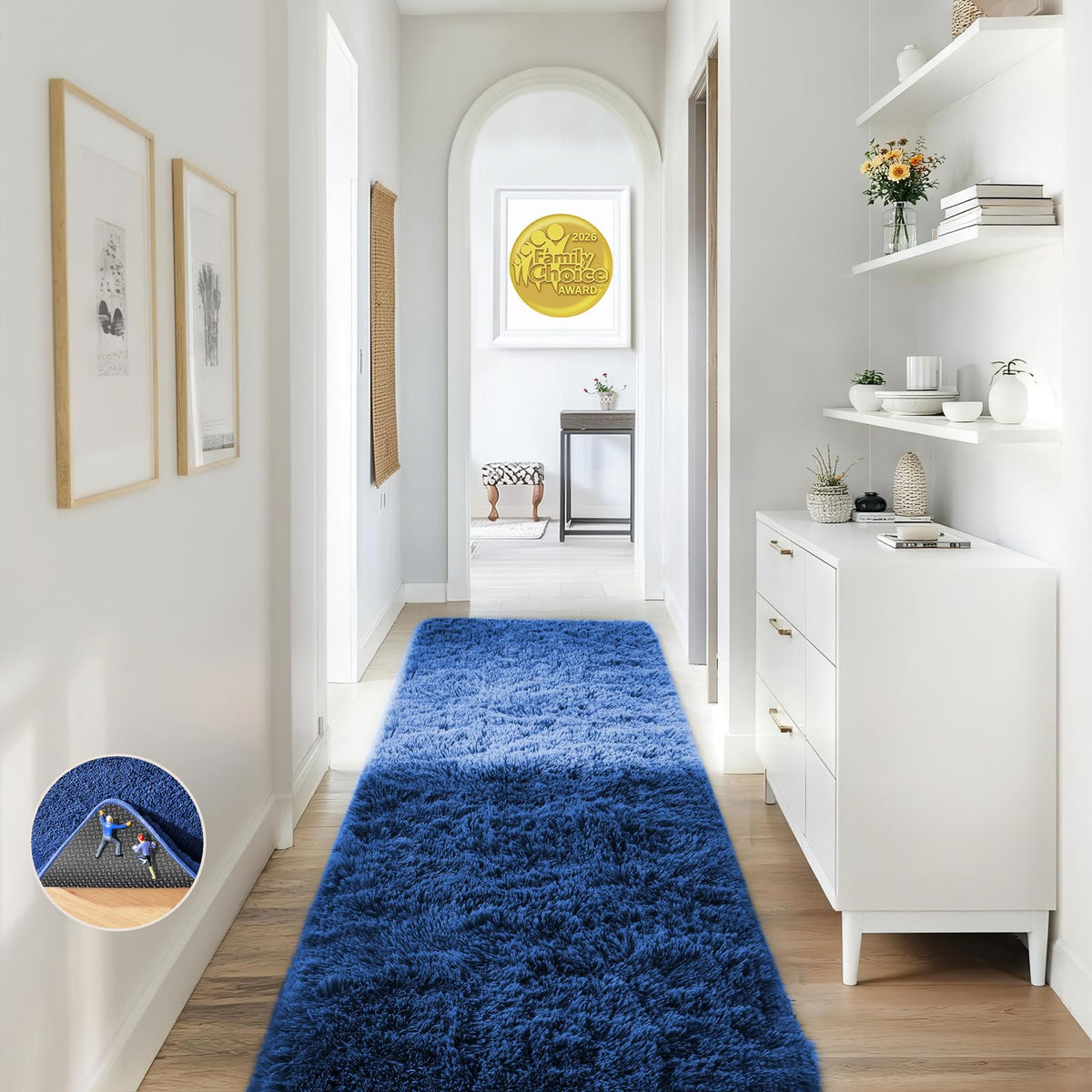 Ophanie blue runner rug for hallway with non-slip base for safe passage