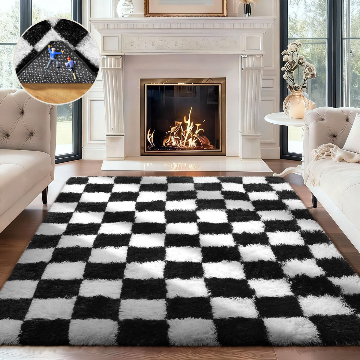 Ophanie checkered black and white rug in a living room for cozy aesthetics.