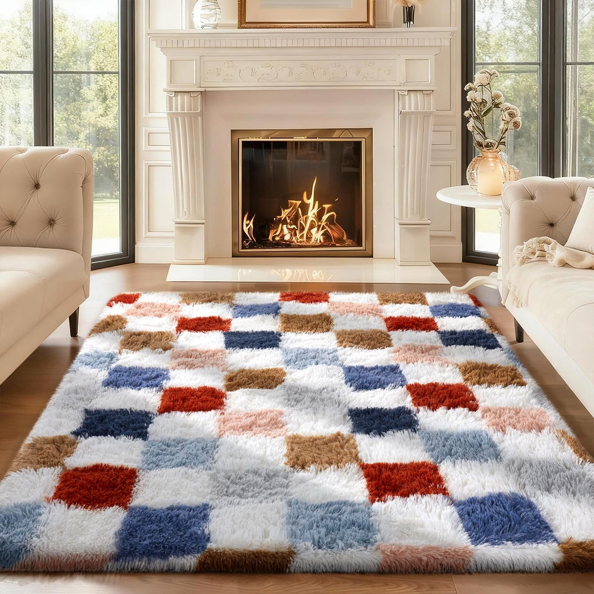 Ophanie checkered rainbow rug for living room with soft texture and non-slip bottom for safe lounging