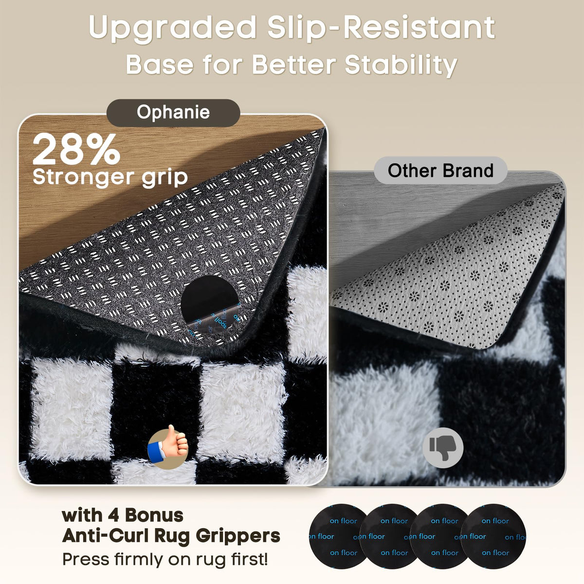 Ophanie checkered rug with non-slip bottom for safer barefoot use.