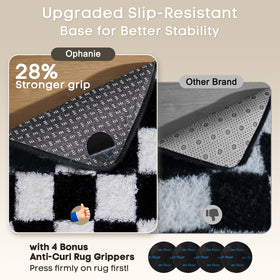 Ophanie checkered rug with non-slip bottom for safer barefoot use.