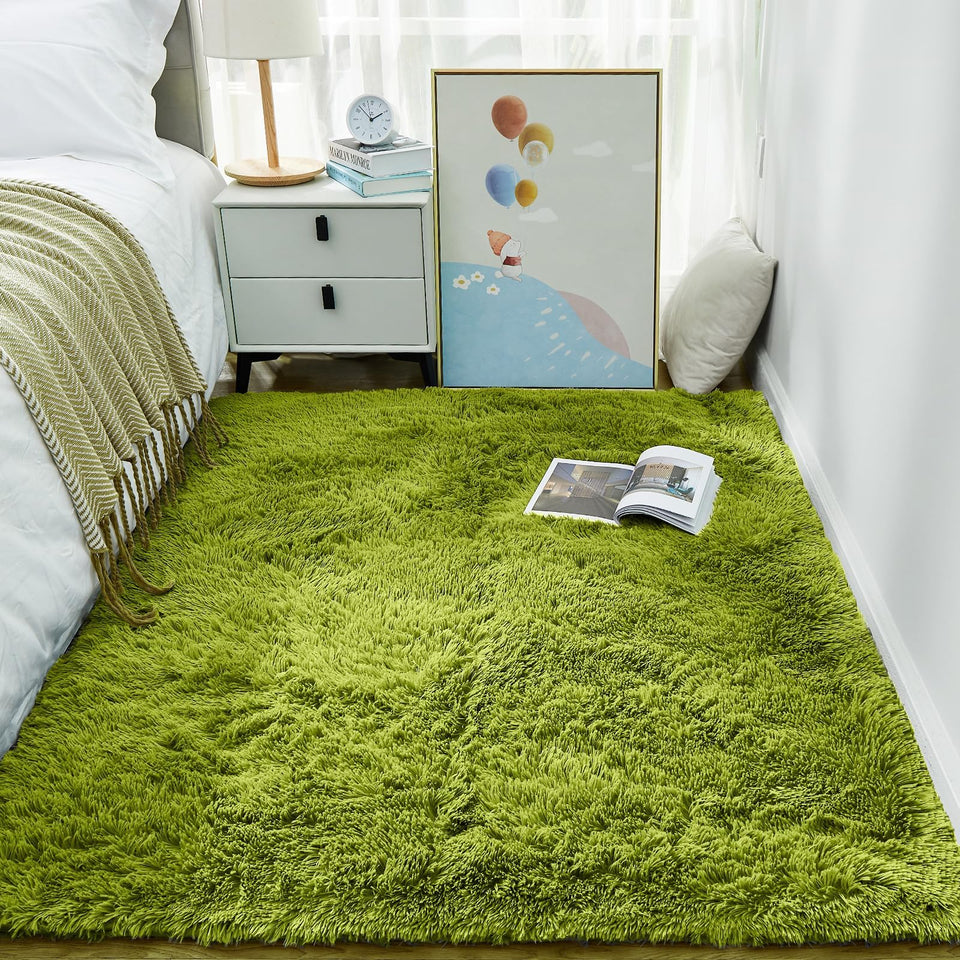 Ophanie Green Grass Area Rug 3x5 with shag texture brings cozy comfort to living spaces.