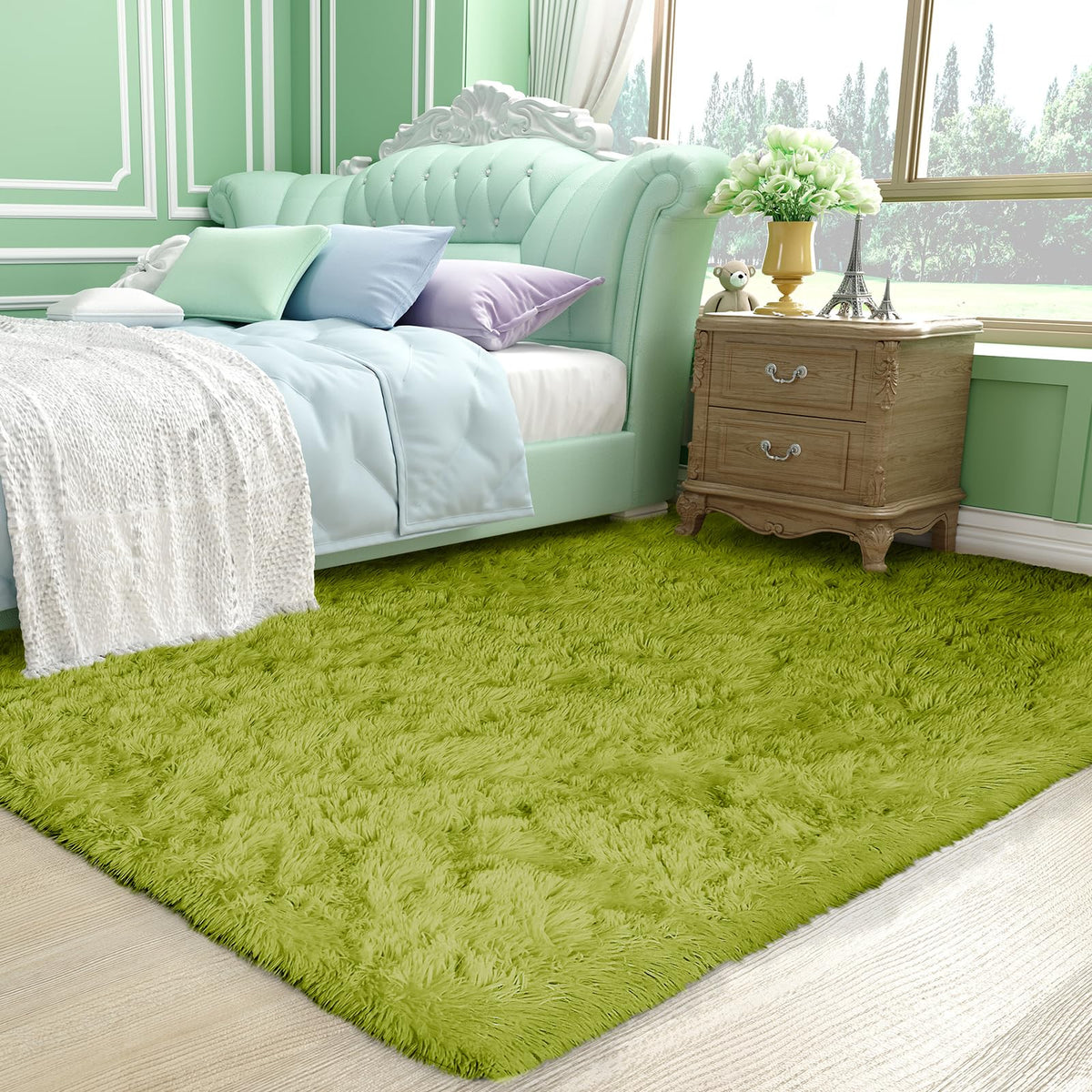 Ophanie Green Rug playroom-friendly surface supports little footsteps.