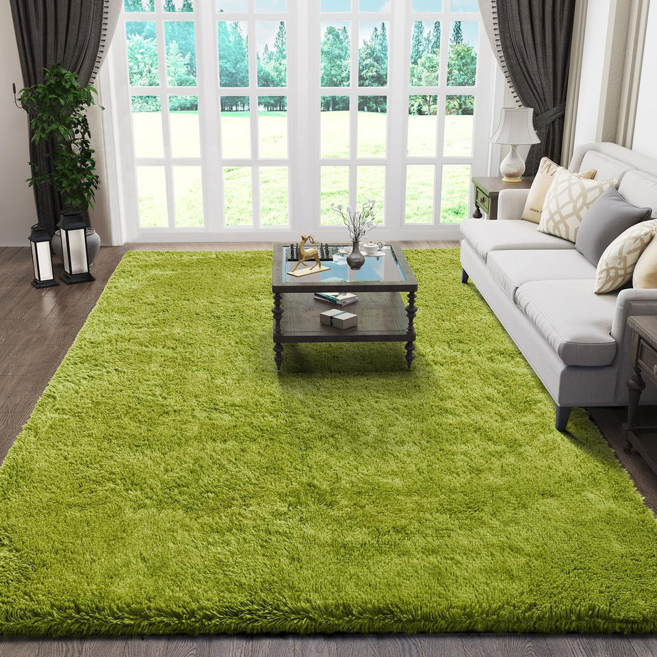 Ophanie green living room rug 5x8 offers plush comfort and warm aesthetic.