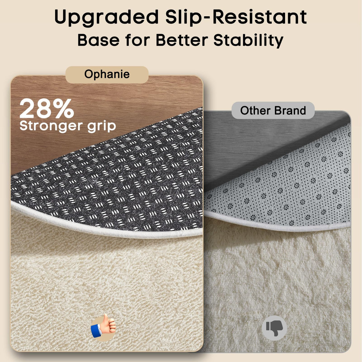 Ophanie rug with non-slip bottom to prevent sliding.