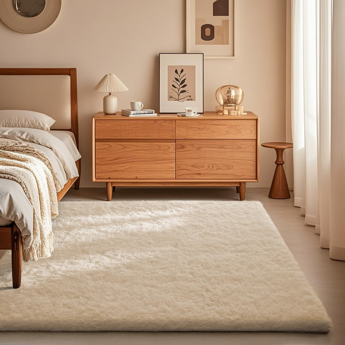 Ophanie ivory shag rug in a bedroom adding plush comfort and warmth.