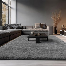 Ophanie kid-friendly grey shag rug ideal for playrooms and pets.