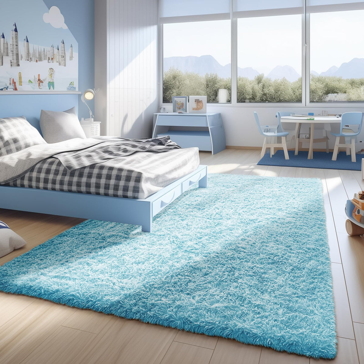 Ophanie light blue rug for bedroom and playroom, barefoot comfort