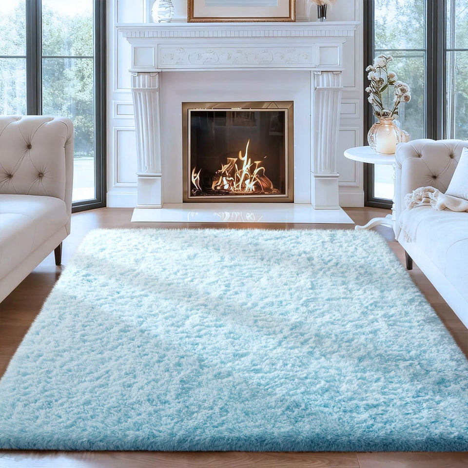Ophanie light blue rug with fluffy texture for cozy playtime in a kid's room