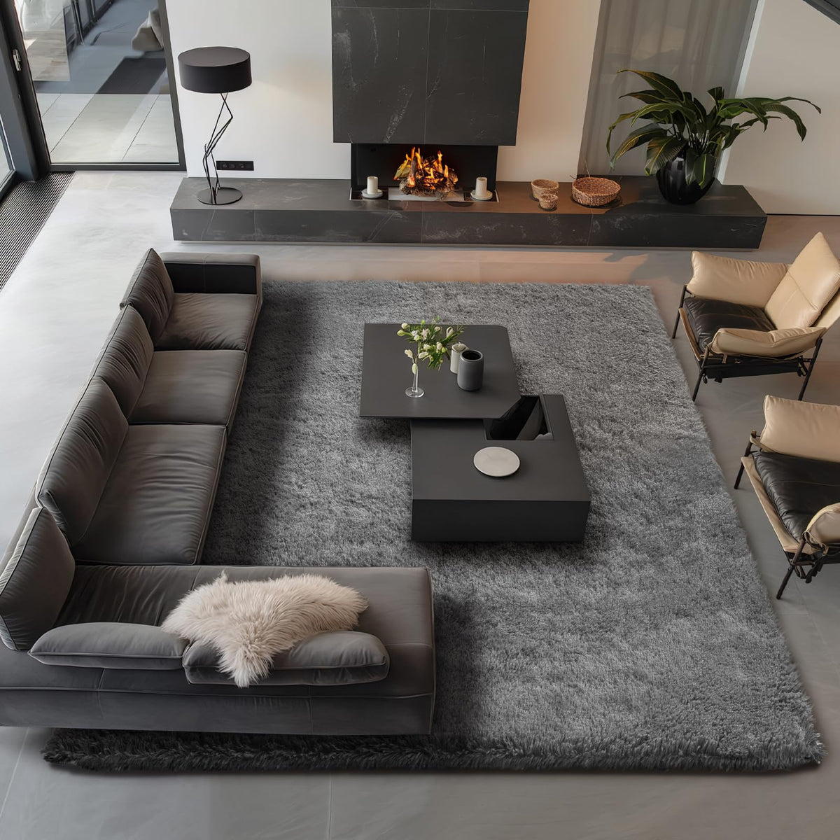 Ophanie modern grey shag rug creates a cozy space in any room.