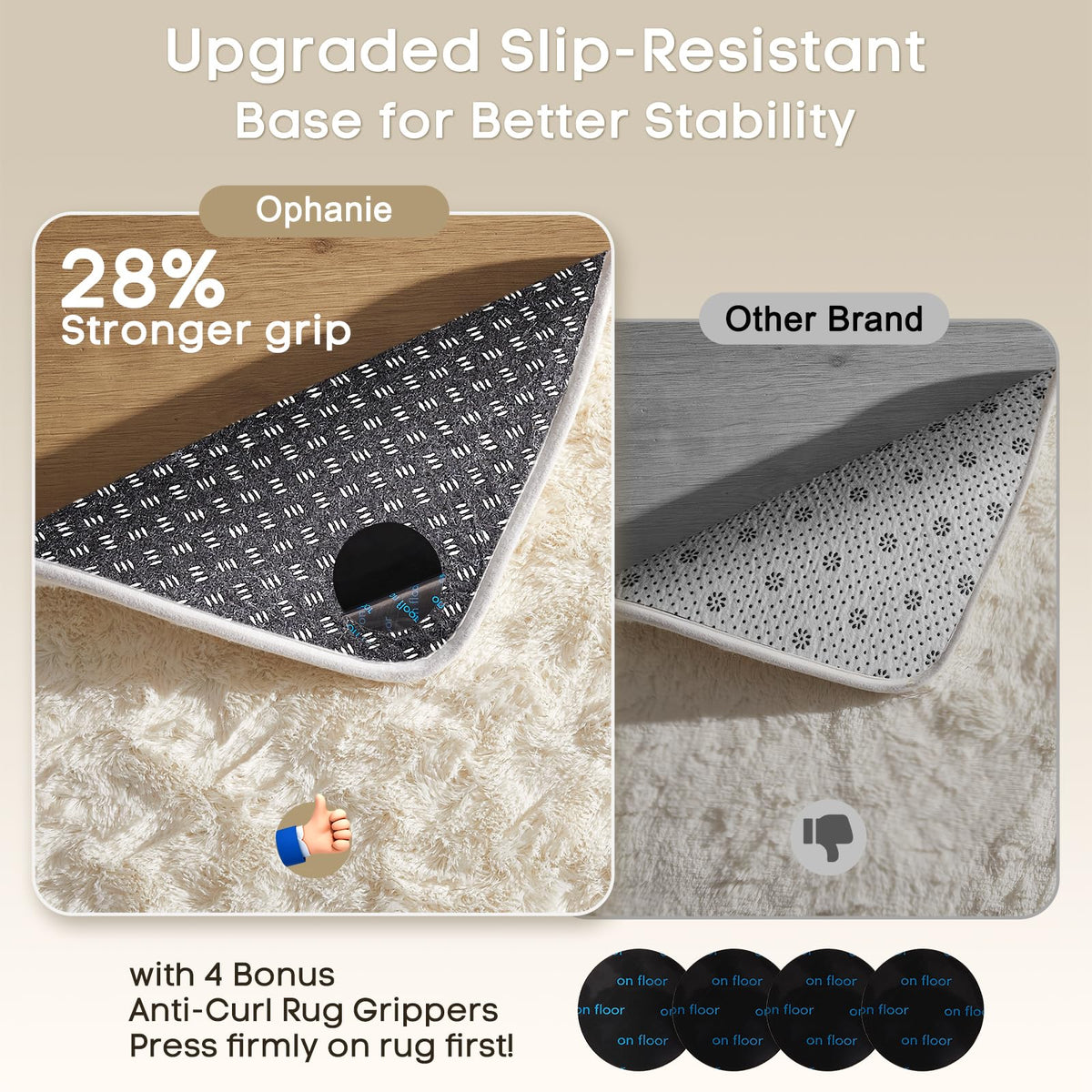 Ophanie non-slip bottom ivory shag rug for safe, steady footing.