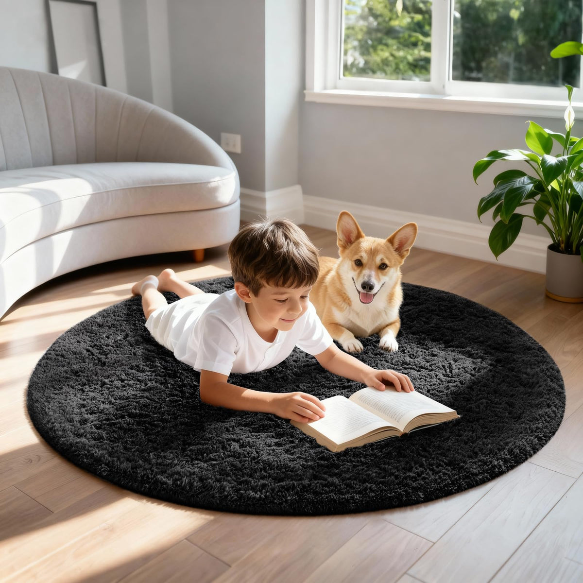 Ophanie round rug highlights non-slip bottom for secure placement