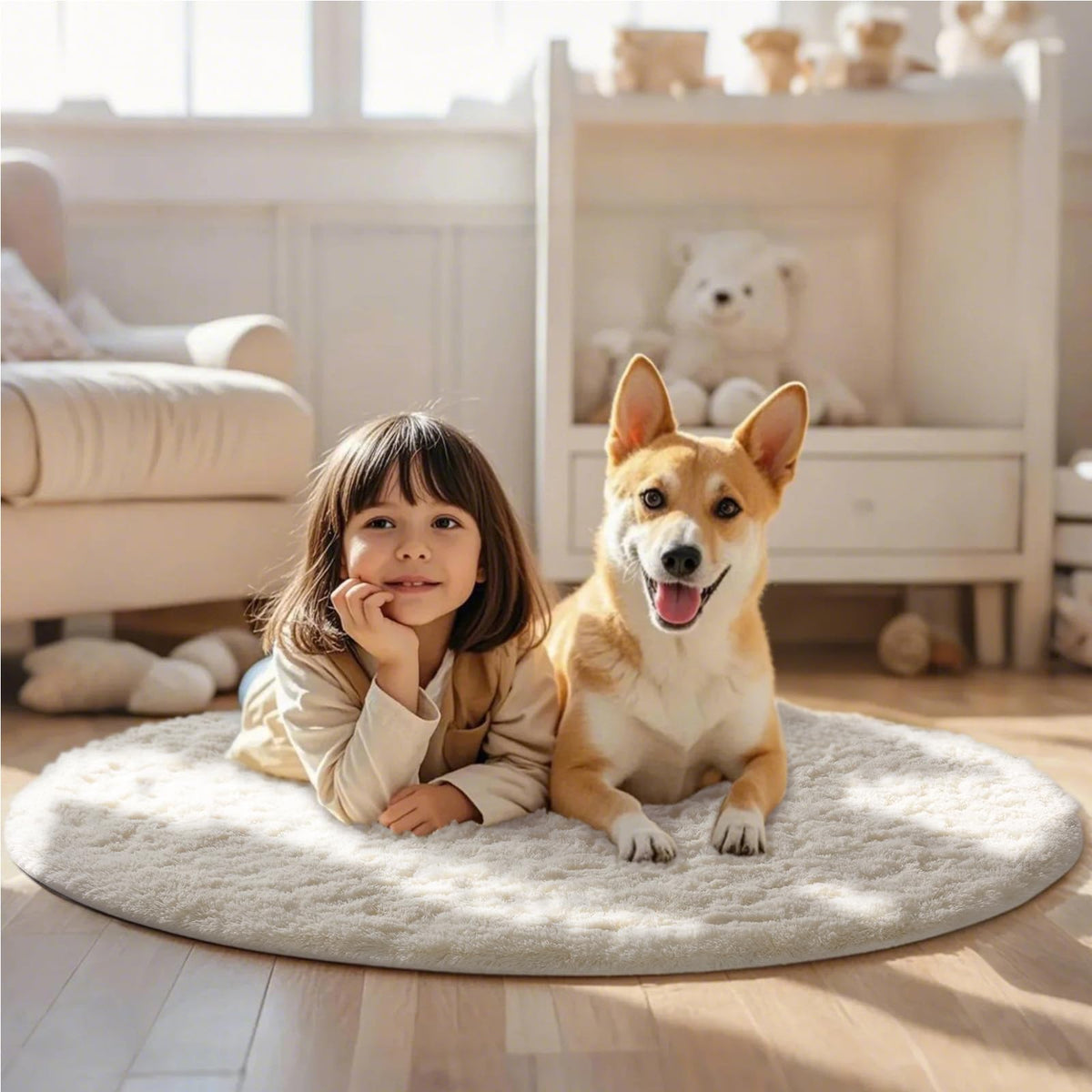 Ophanie nursery playroom rug emphasizes safe, non-slip surface for kids.
