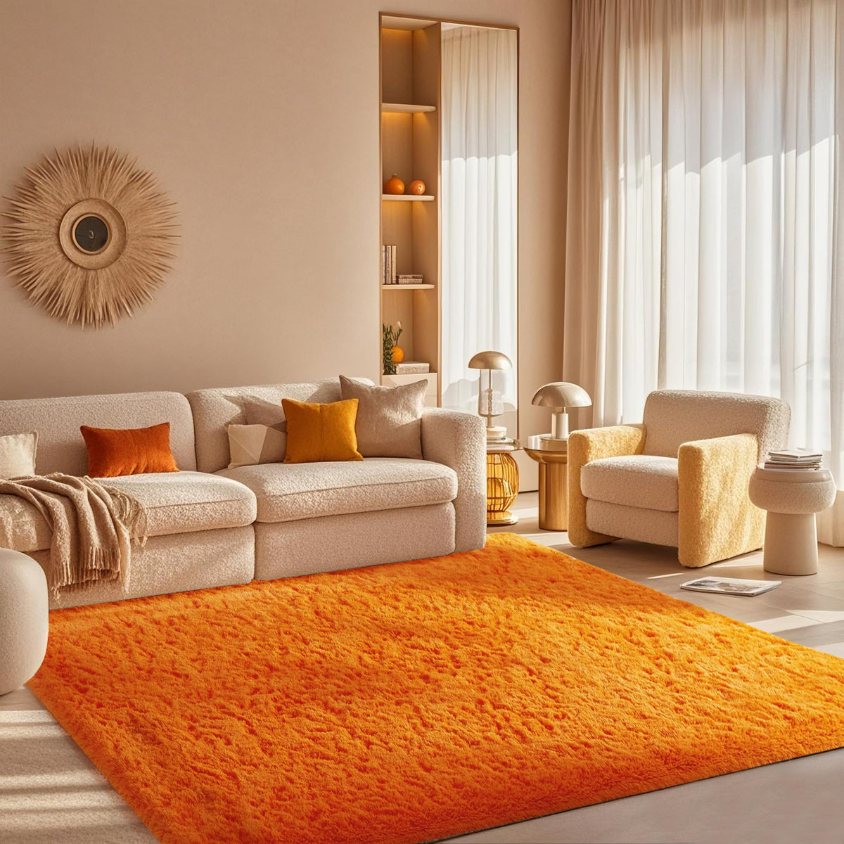 Ophanie shaggy rug beside bed offers soft underfoot comfort.
