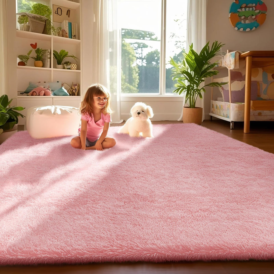 Ophanie Pink Rug in a bedroom setting adds fluffy comfort and cozy style.