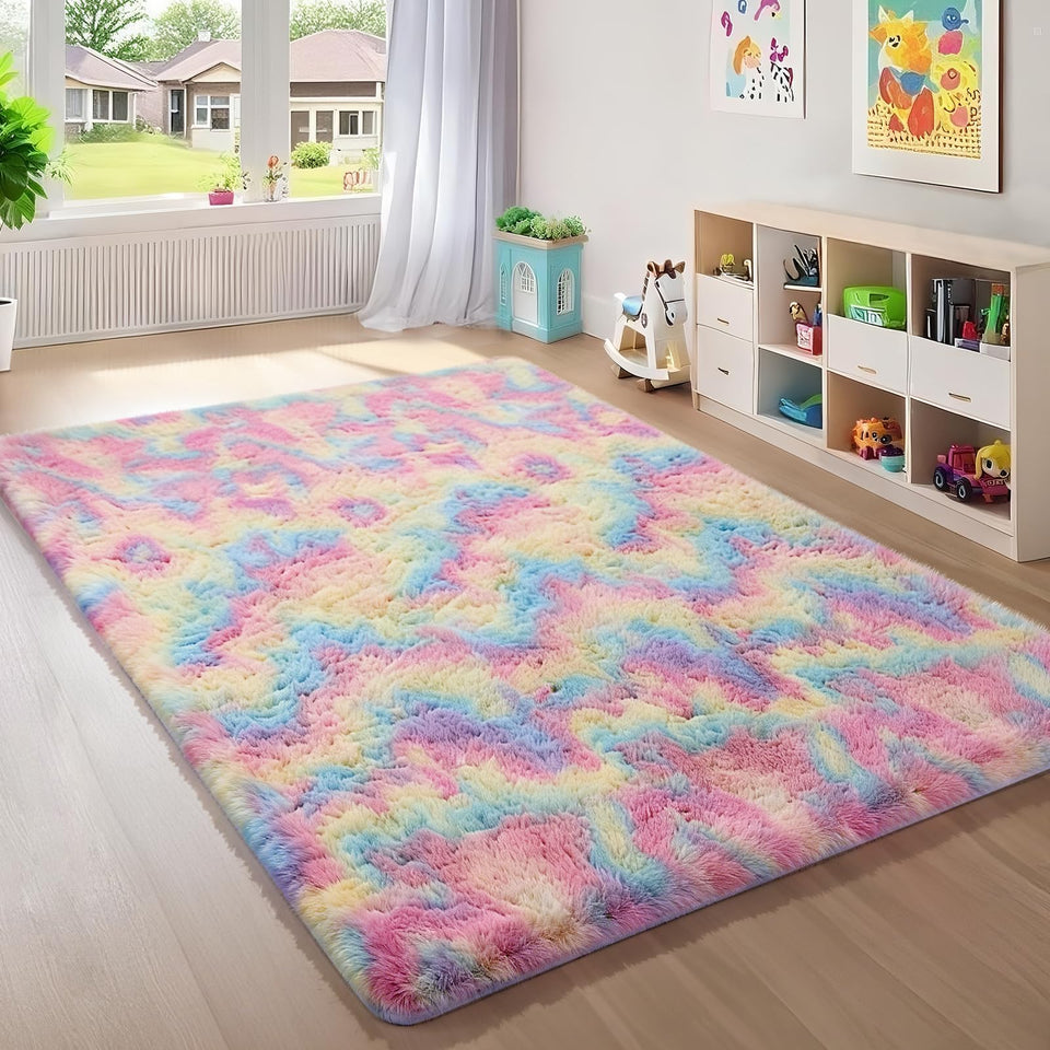 Ophanie Rainbow rug with unicorn fluffy shag adds cozy living room warmth.