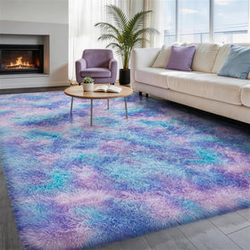 Ophanie Rainbow Purple Rug 4x6 adds color and plush comfort to a bedroom.