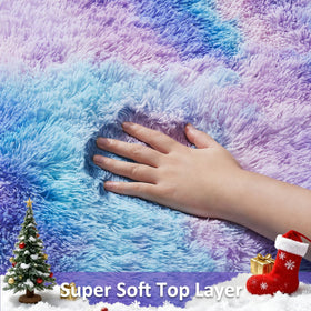 Ophanie Rainbow Purple Rug enhances bedroom decor with a soft, cozy texture.