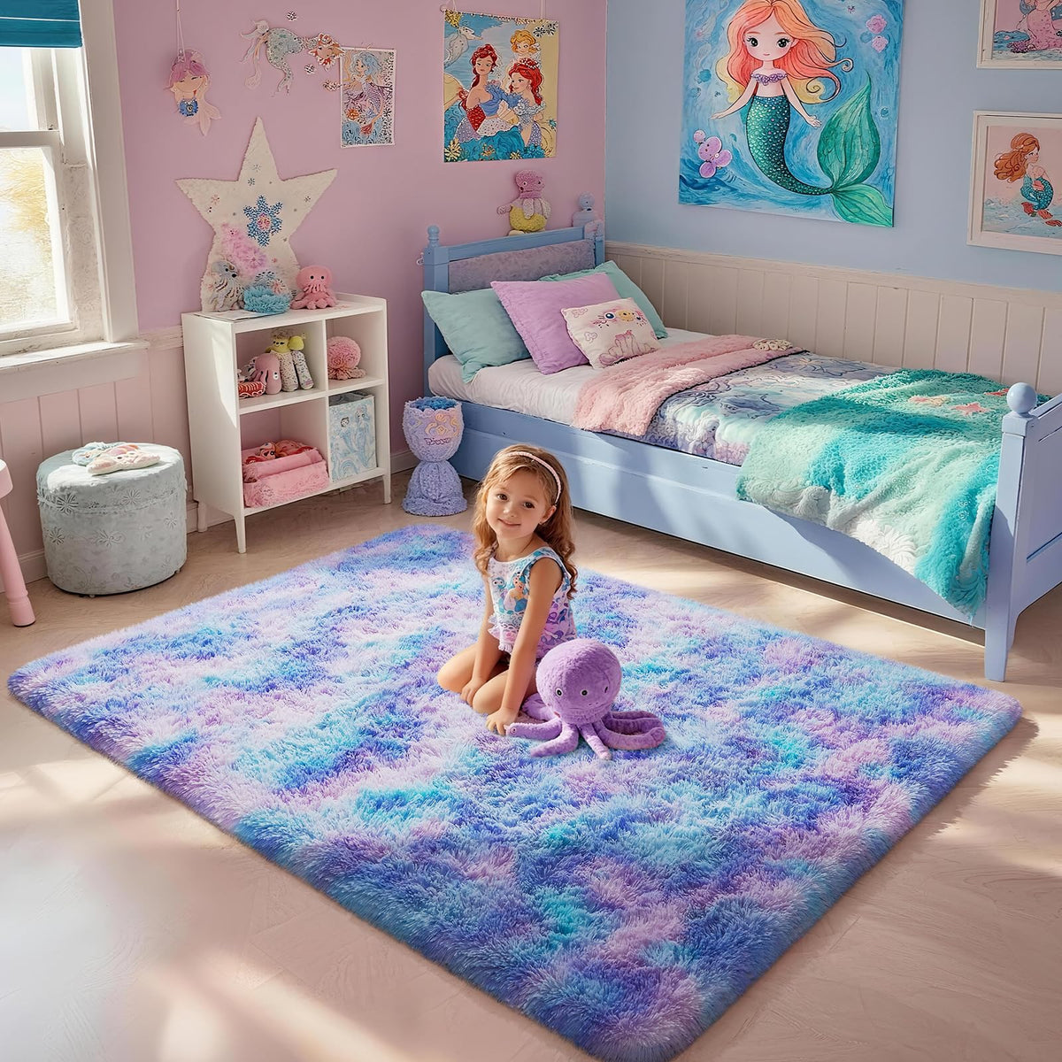 Ophanie Rainbow Purple Rug creates a safe, comfy play area in kids' rooms.