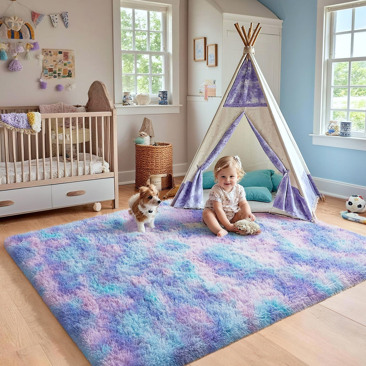 Ophanie Rainbow Purple Rug features mermaid pattern for whimsical nursery decor.