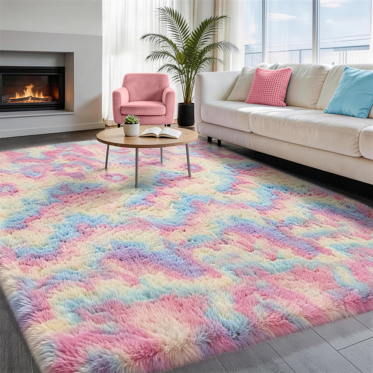 Ophanie Rainbow Rug with fluffy surface for cozy kid-friendly comfort.