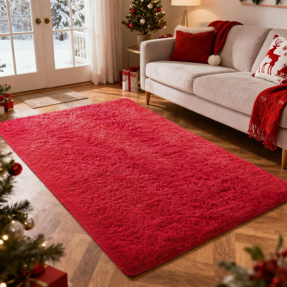Ophanie red rug in a bedroom showing fluffy texture for cozy mornings