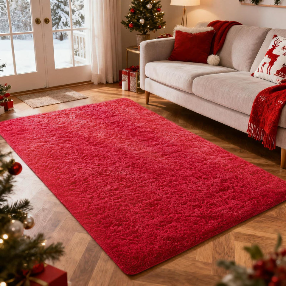 Ophanie red rug in a bedroom showing fluffy texture for cozy mornings