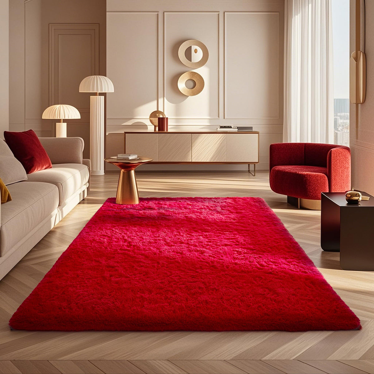 Close-up of Ophanie red shag rug revealing soft surface