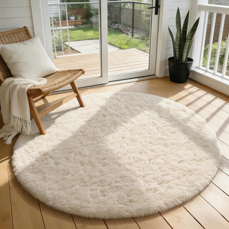 Ophanie round rug ivory circle; ultra-soft surface for cozy living spaces.