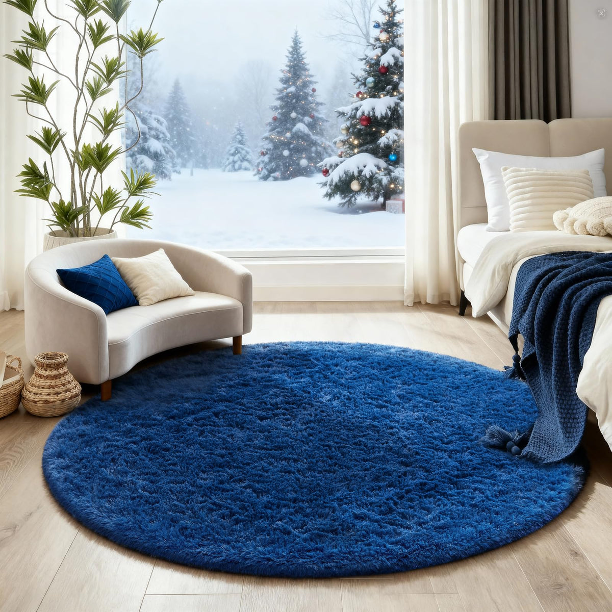 Ophanie round rug shown in a living room layout, ties space together with soft color.