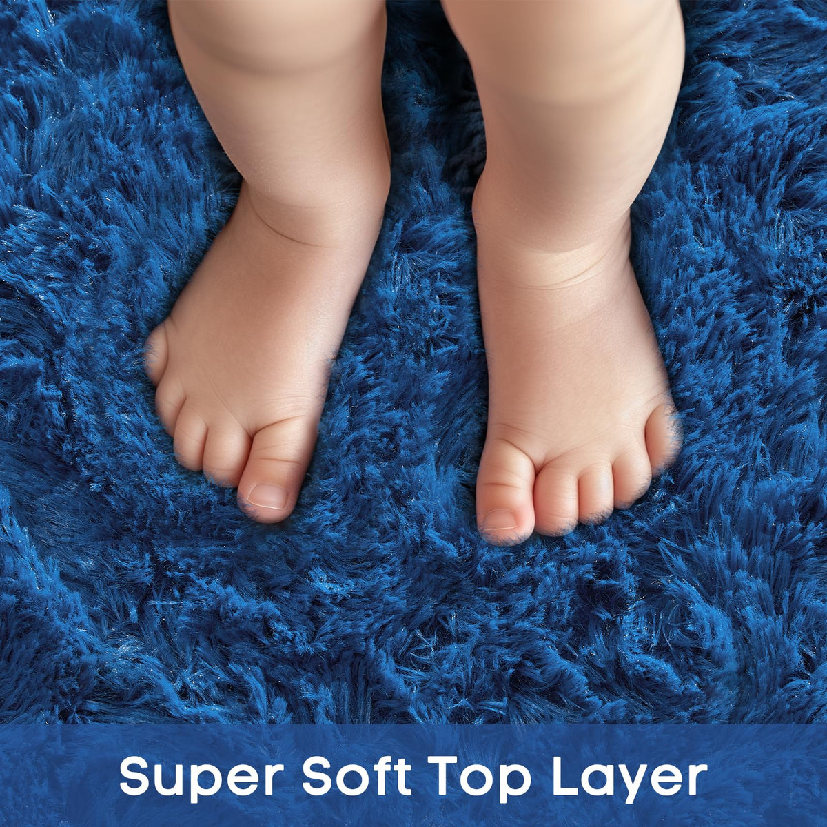 Close-up of Ophanie rug's plush blue circle pile, fluffy texture for comfy play.