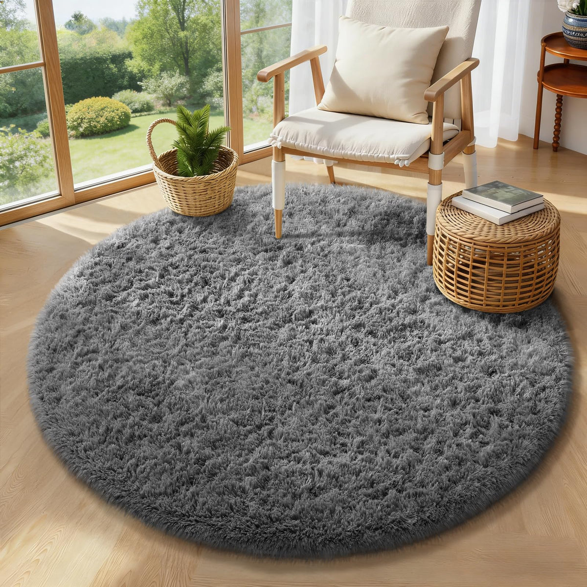 Ophanie round rug 4ft grey circle closeup shows plush texture for barefoot comfort