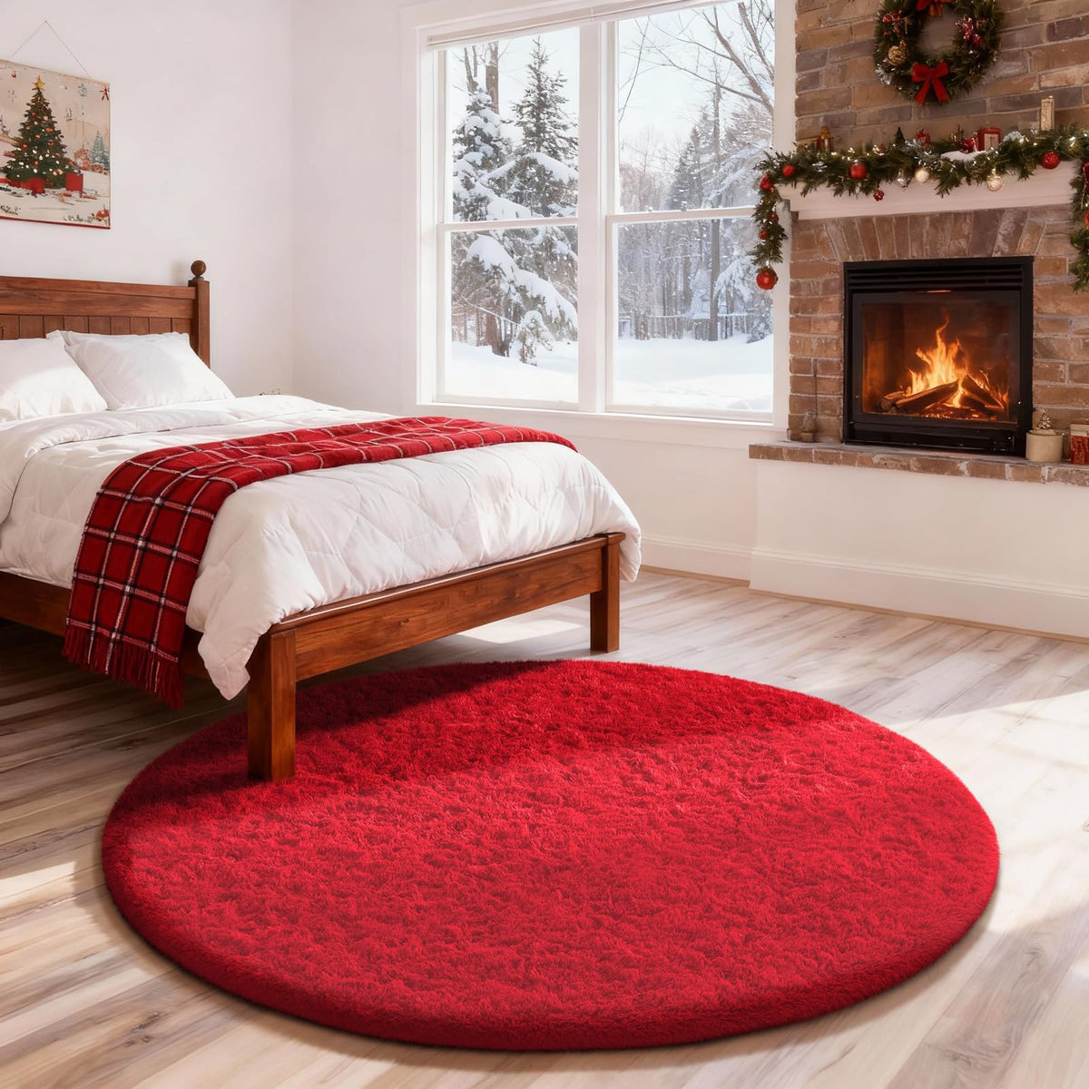 Ophanie round rug 4ft red circle adds warmth and cozy focal point to living spaces.