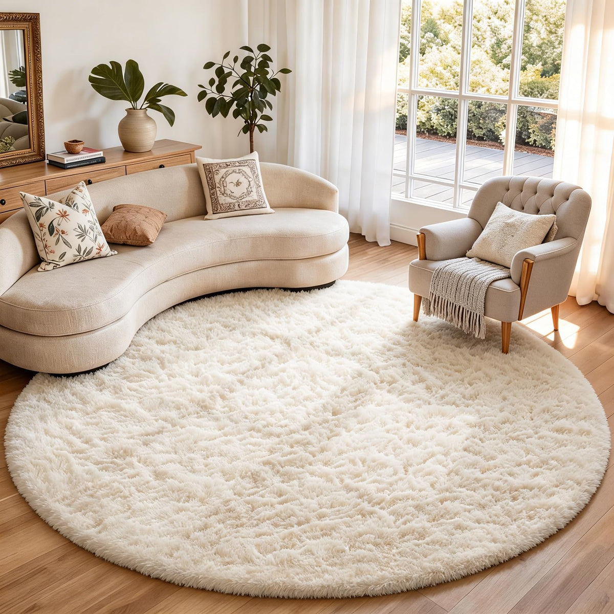 Ophanie round rug 8ft ivory circle adds warm ambience.