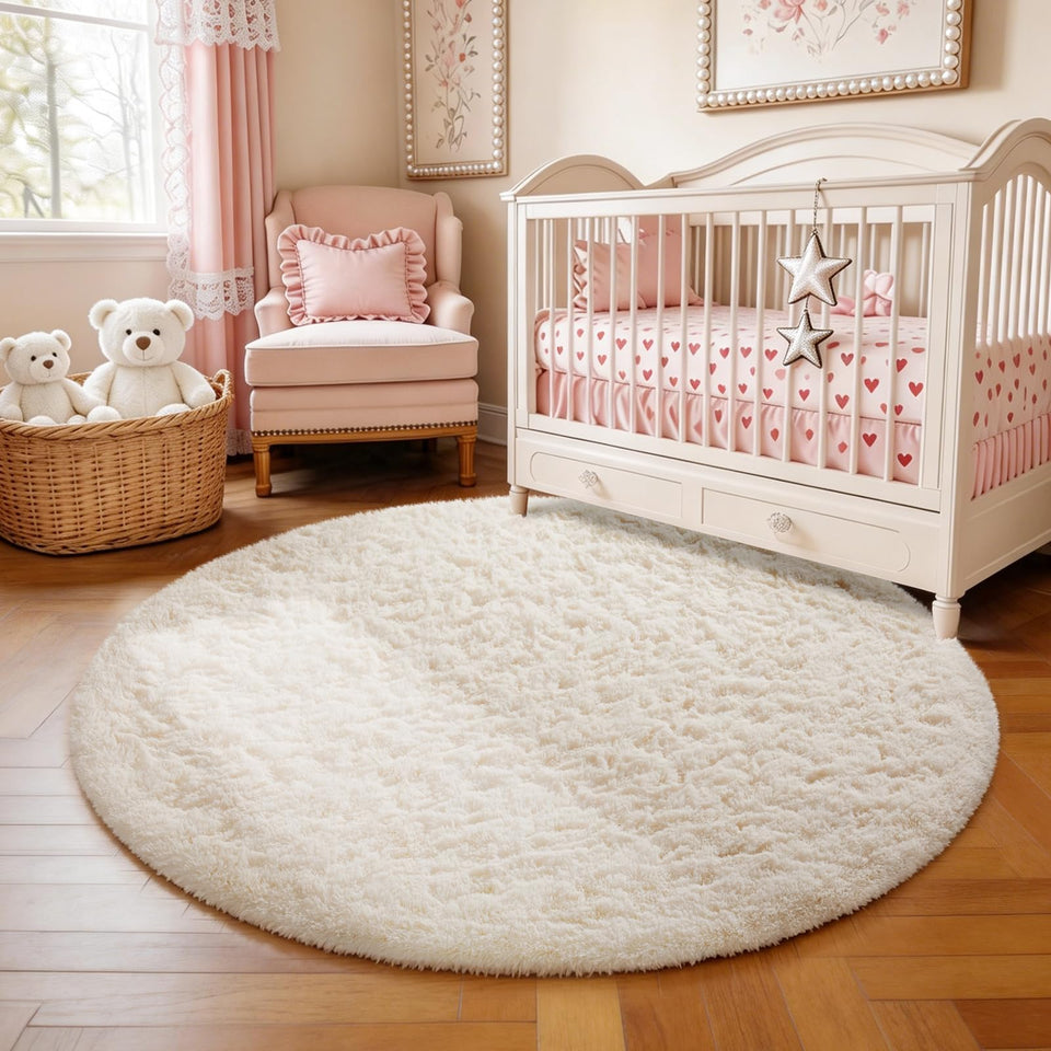 Ophanie round rug ivory circle plush surface ideal for cozy living rooms and nurseries.