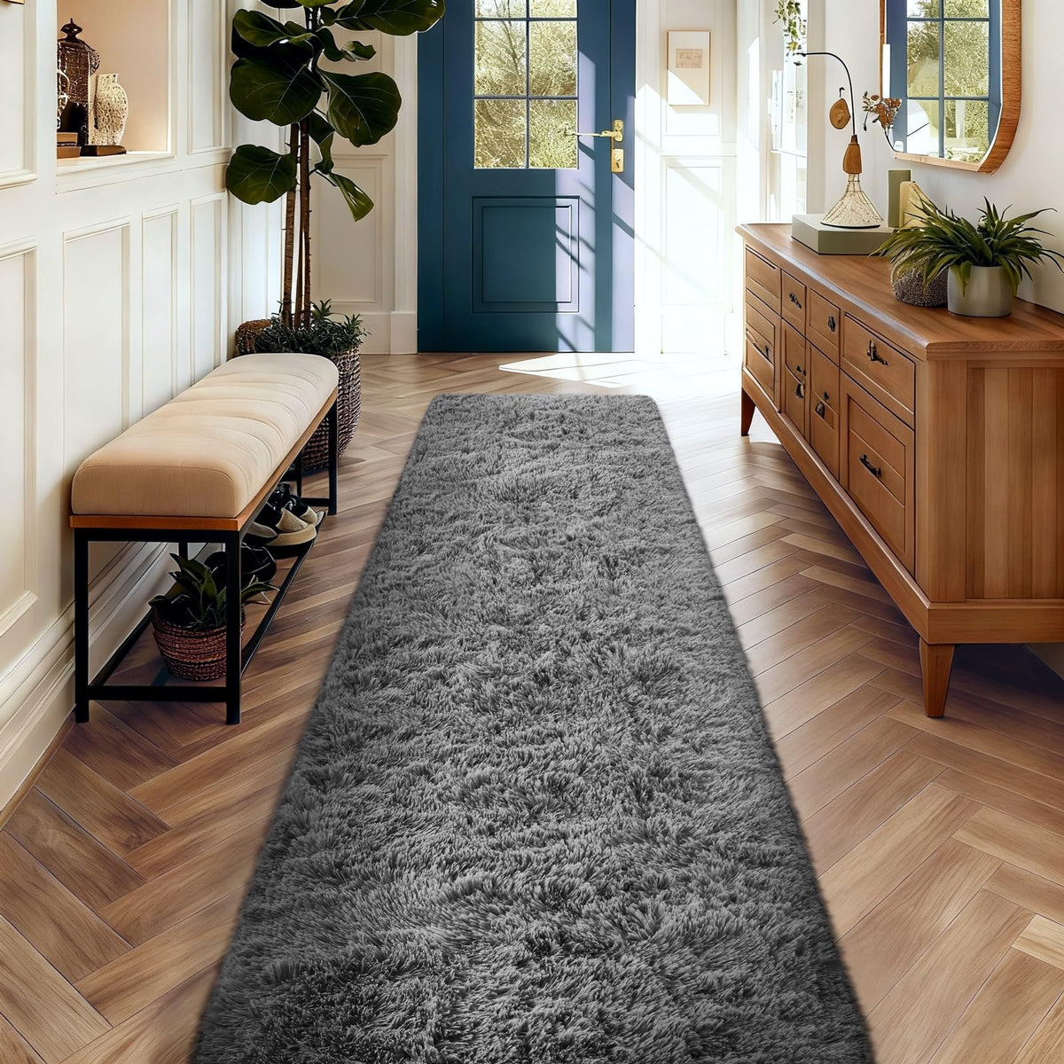Ophanie 2x10 runner rug in hallway grey with non-slip bottom for safe, cozy floors